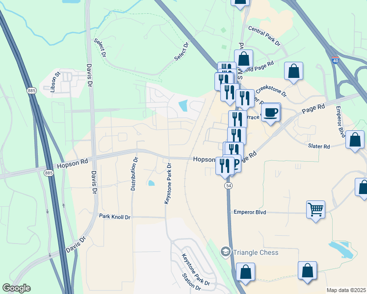 map of restaurants, bars, coffee shops, grocery stores, and more near 4803 Hopson Rd in Morrisville