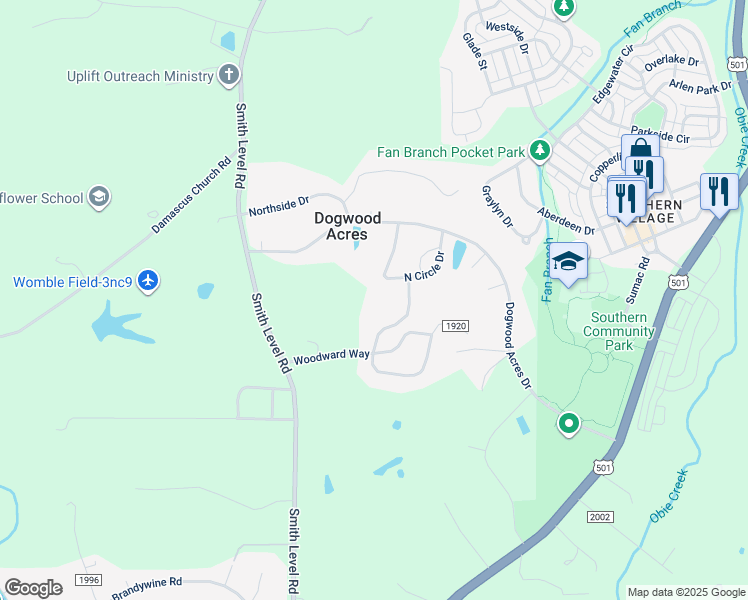 map of restaurants, bars, coffee shops, grocery stores, and more near 34 North Circle Drive in Pittsboro