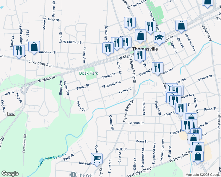 map of restaurants, bars, coffee shops, grocery stores, and more near 210 West Colonial Drive in Thomasville