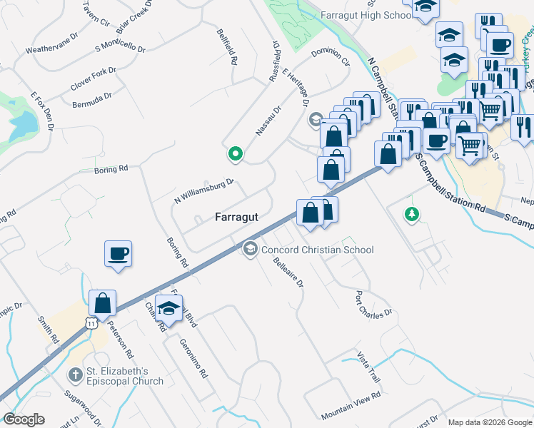 map of restaurants, bars, coffee shops, grocery stores, and more near 11607 South Williamsburg Drive in Knoxville
