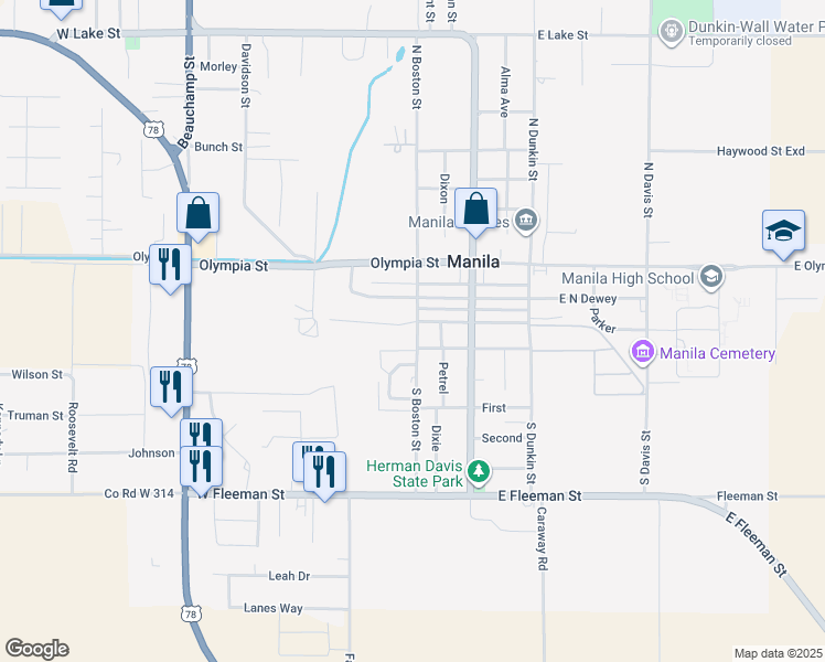 map of restaurants, bars, coffee shops, grocery stores, and more near 211 South Dewey in Manila