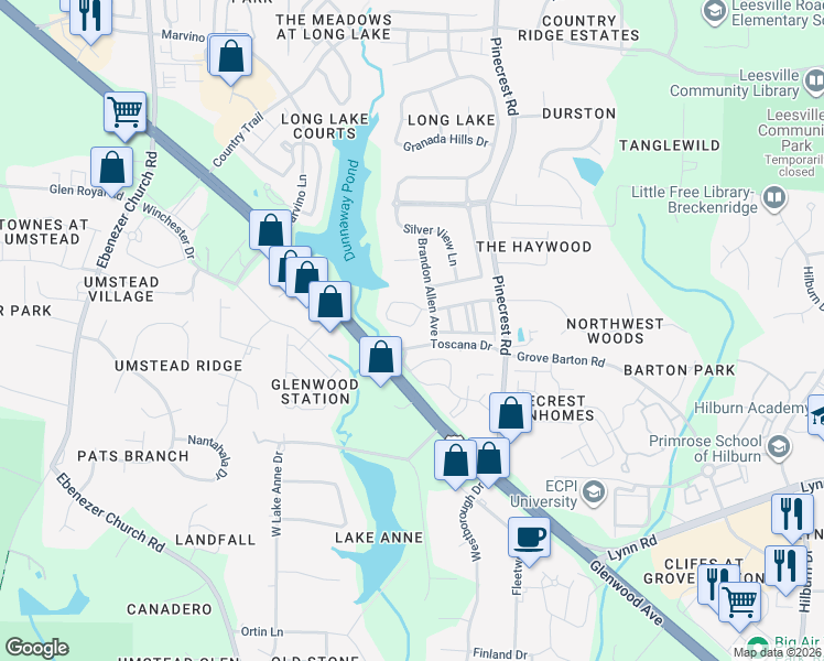 map of restaurants, bars, coffee shops, grocery stores, and more near 5641 Berry Creek Circle in Raleigh