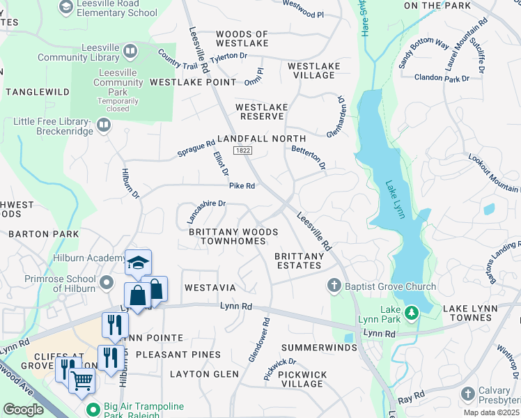 map of restaurants, bars, coffee shops, grocery stores, and more near 7125 Sandringham Drive in Raleigh