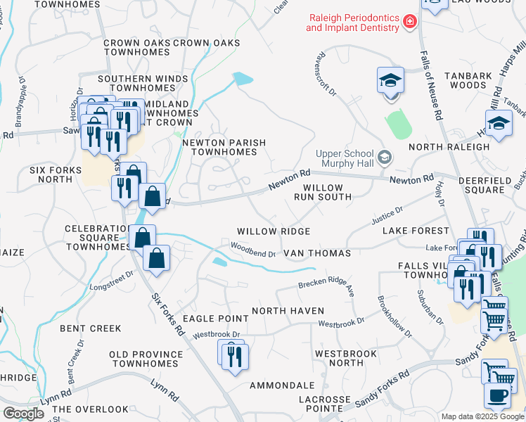 map of restaurants, bars, coffee shops, grocery stores, and more near 421 Van Thomas Drive in Raleigh