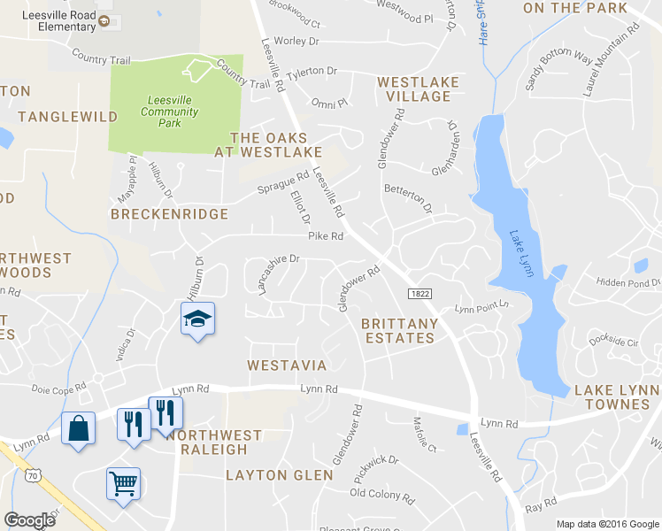 map of restaurants, bars, coffee shops, grocery stores, and more near 4601 Lancashire Drive in Raleigh