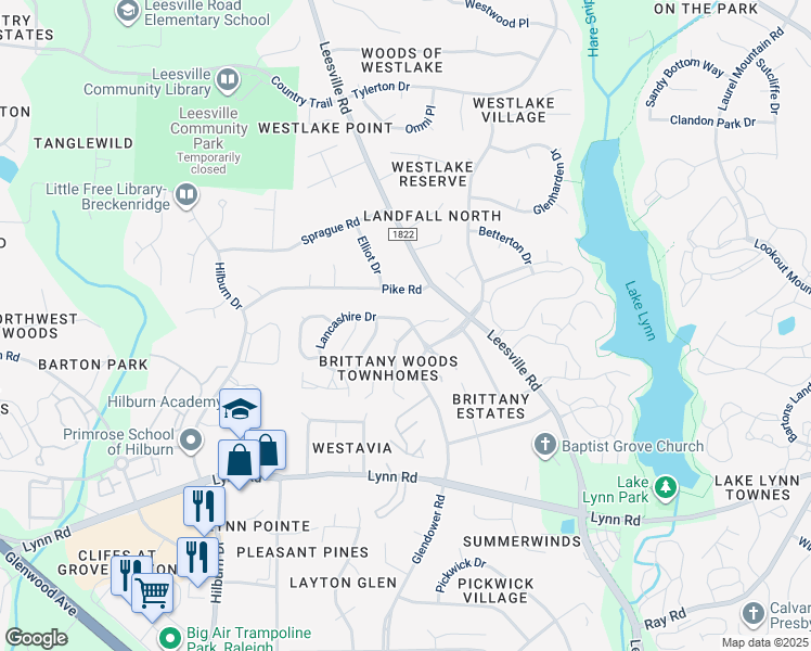 map of restaurants, bars, coffee shops, grocery stores, and more near 4601 Lancashire Drive in Raleigh