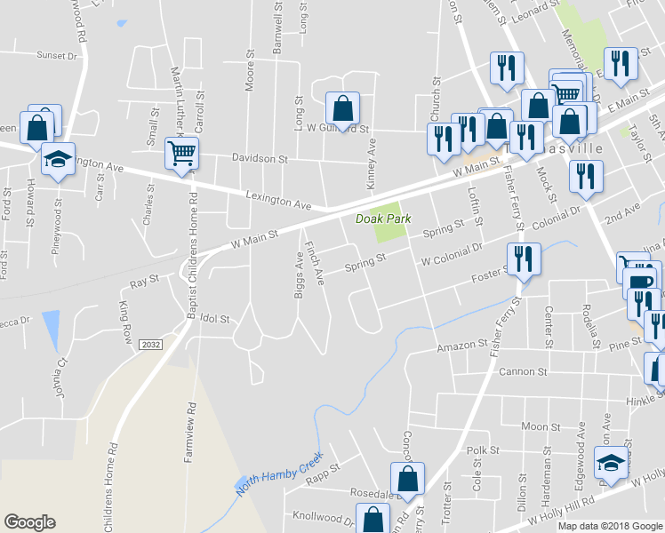 map of restaurants, bars, coffee shops, grocery stores, and more near 410 Spring Street in Thomasville