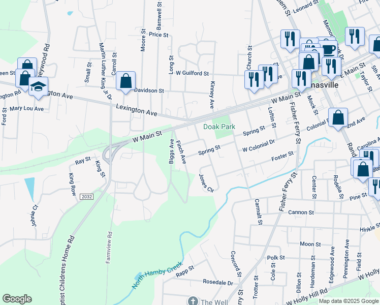 map of restaurants, bars, coffee shops, grocery stores, and more near 410 Spring Street in Thomasville