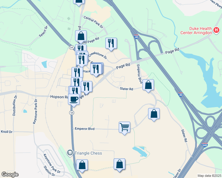 map of restaurants, bars, coffee shops, grocery stores, and more near 1101 Slater Road in Durham