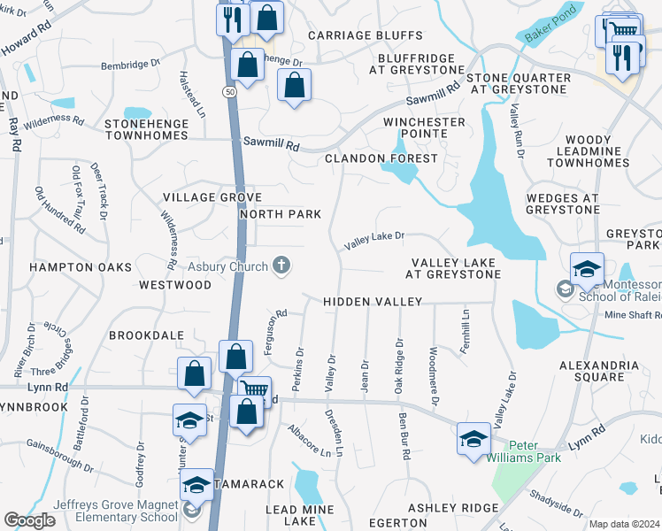 map of restaurants, bars, coffee shops, grocery stores, and more near 6907 Valley Drive in Raleigh