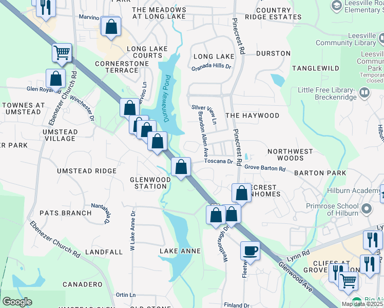 map of restaurants, bars, coffee shops, grocery stores, and more near 5616 Berry Creek Circle in Raleigh