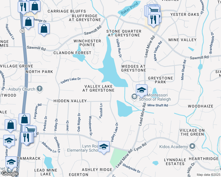 map of restaurants, bars, coffee shops, grocery stores, and more near 7020 Valley Lake Drive in Raleigh