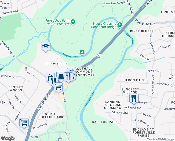 map of restaurants, bars, coffee shops, grocery stores, and more near 8009 River Water Court in Raleigh