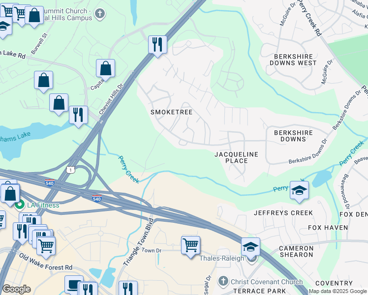 map of restaurants, bars, coffee shops, grocery stores, and more near 4644 Jacqueline Lane in Raleigh