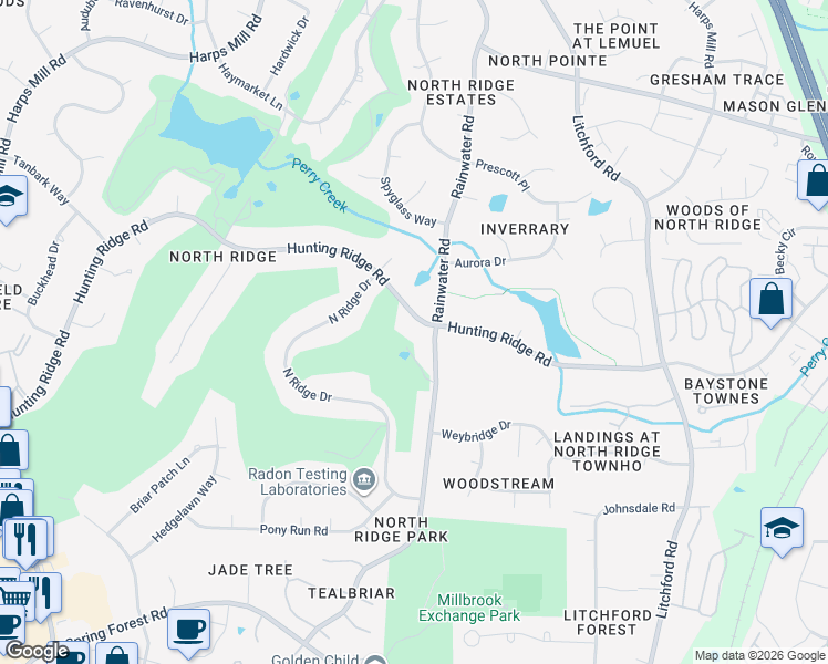 map of restaurants, bars, coffee shops, grocery stores, and more near 1812 Hunting Ridge Road in Raleigh