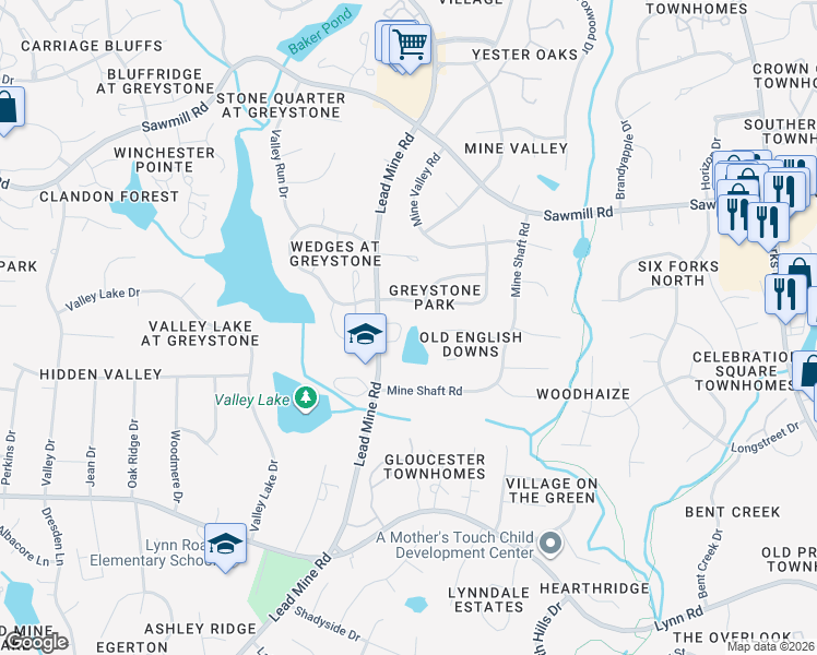 map of restaurants, bars, coffee shops, grocery stores, and more near 1301 Wedgeland Drive in Raleigh