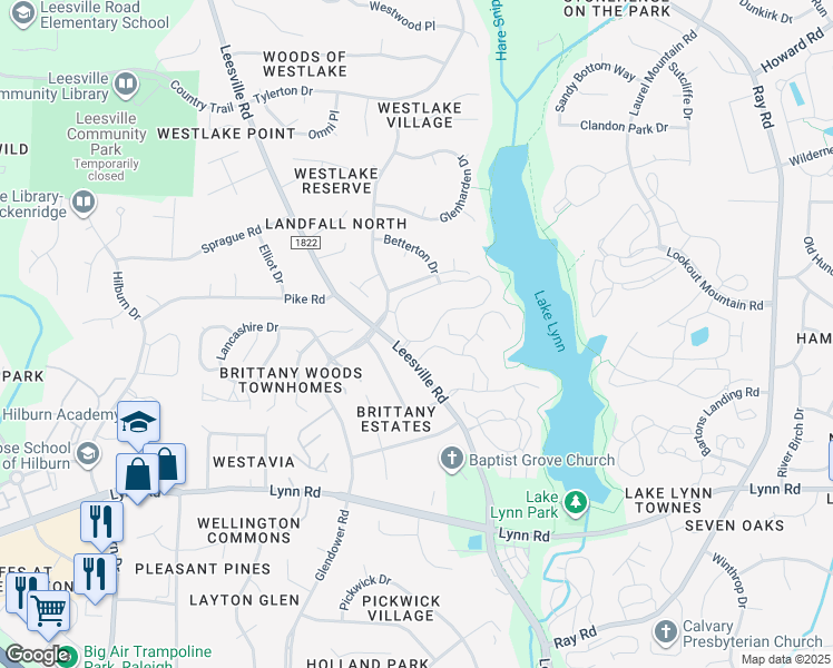 map of restaurants, bars, coffee shops, grocery stores, and more near 4105 Lake Lynn Drive in Raleigh