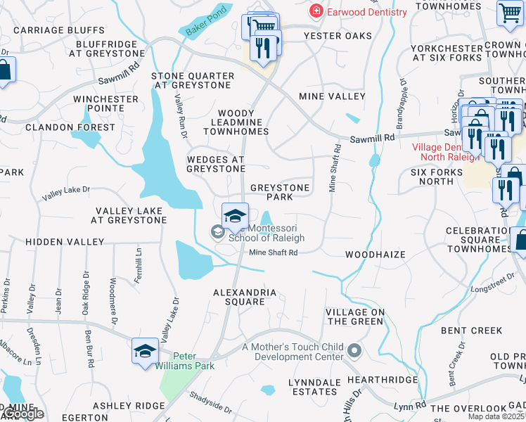 map of restaurants, bars, coffee shops, grocery stores, and more near 1301 Wedgeland Drive in Raleigh
