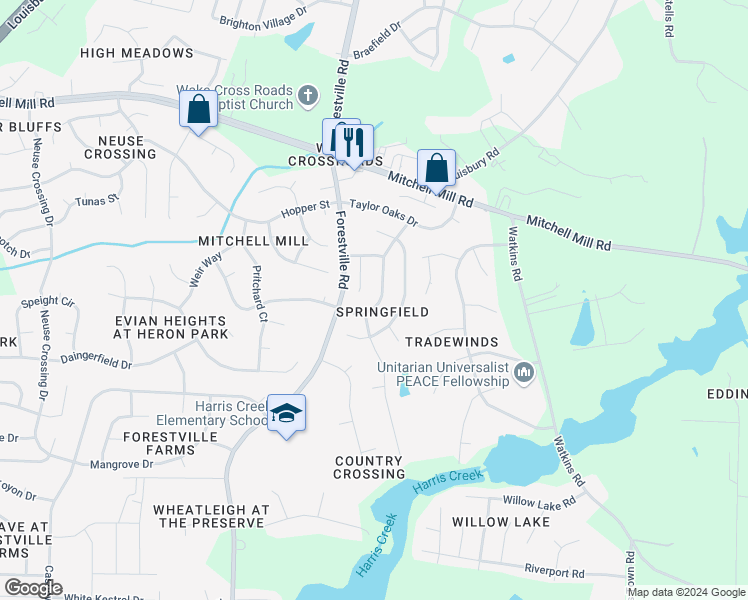 map of restaurants, bars, coffee shops, grocery stores, and more near 4109 Springfield Creek Drive in Raleigh