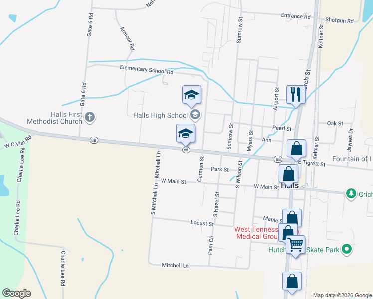 map of restaurants, bars, coffee shops, grocery stores, and more near 800 West Tigrett Street in Halls