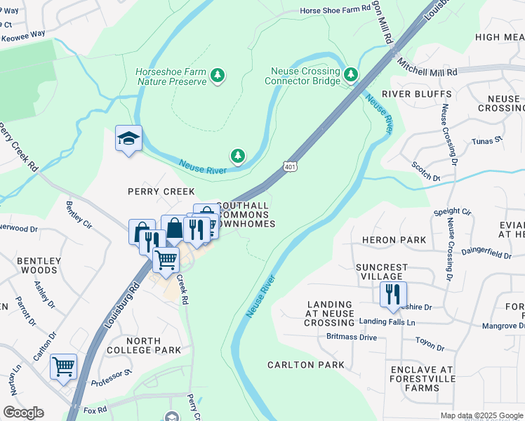 map of restaurants, bars, coffee shops, grocery stores, and more near 8025 River Gold Lane in Raleigh