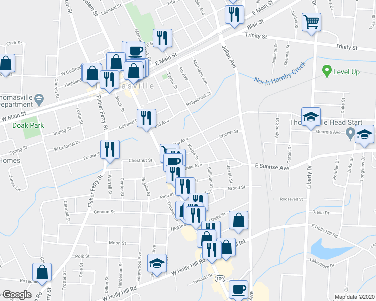 map of restaurants, bars, coffee shops, grocery stores, and more near 306 Wood Street in Thomasville