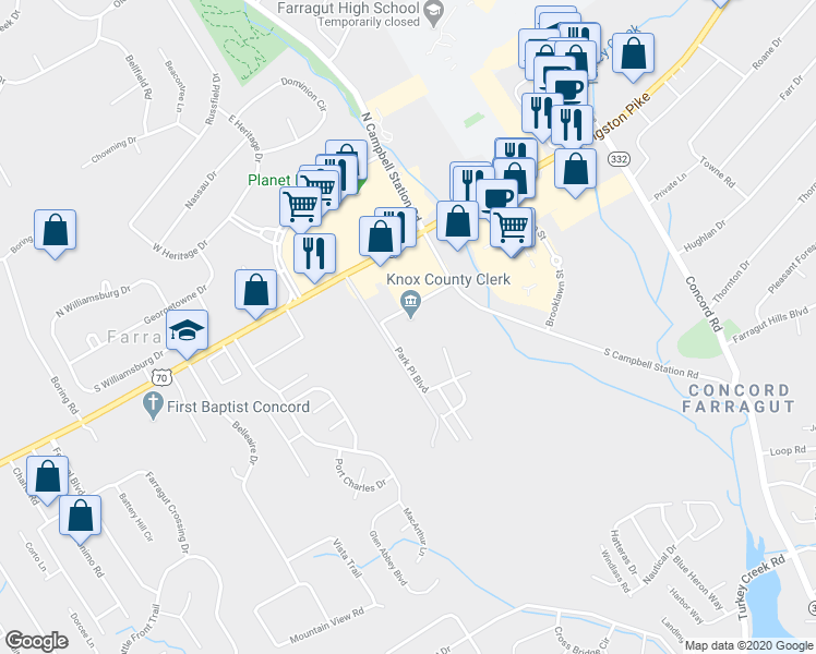 map of restaurants, bars, coffee shops, grocery stores, and more near 11408 Municipal Center Drive in Knoxville