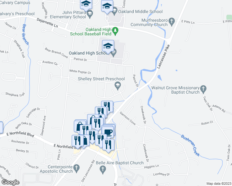 map of restaurants, bars, coffee shops, grocery stores, and more near 2512 Kilkenny Court in Murfreesboro