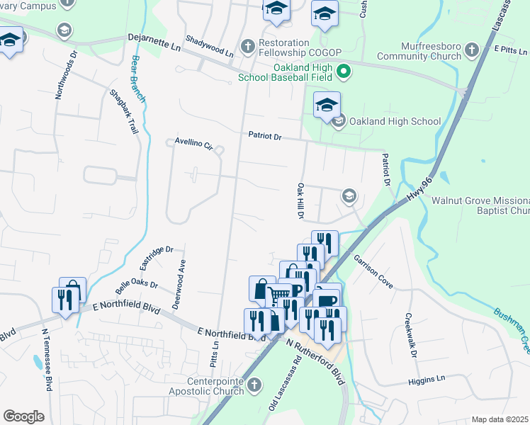 map of restaurants, bars, coffee shops, grocery stores, and more near 2404 Pitts Lane in Murfreesboro