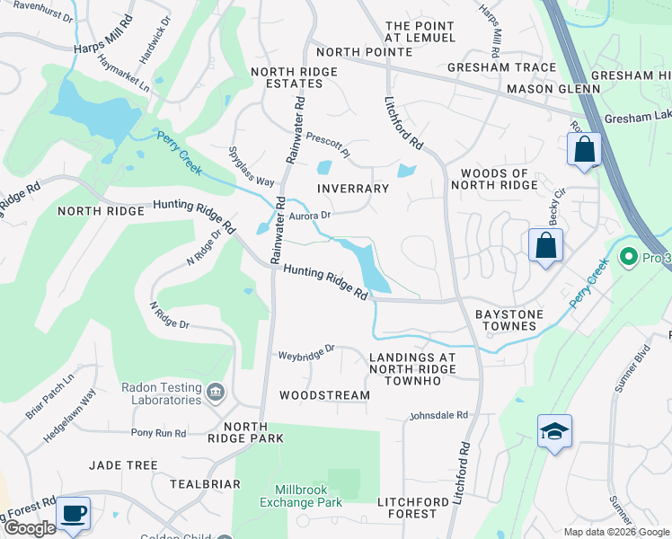 map of restaurants, bars, coffee shops, grocery stores, and more near 7105 Grandview Court in Raleigh