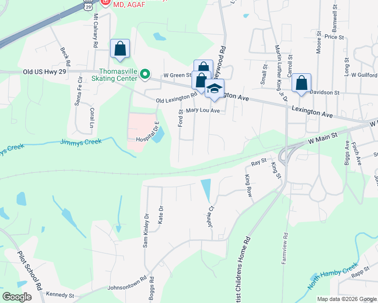 map of restaurants, bars, coffee shops, grocery stores, and more near 206 Howard Street in Thomasville
