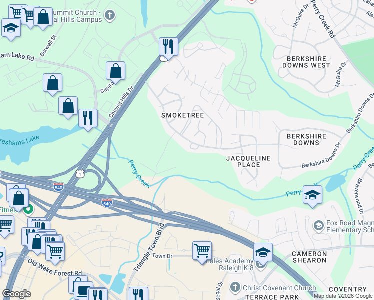 map of restaurants, bars, coffee shops, grocery stores, and more near 4608 Jacqueline Lane in Raleigh