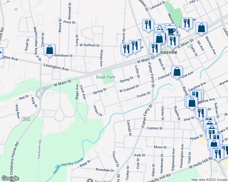 map of restaurants, bars, coffee shops, grocery stores, and more near 305 Spring Street in Thomasville