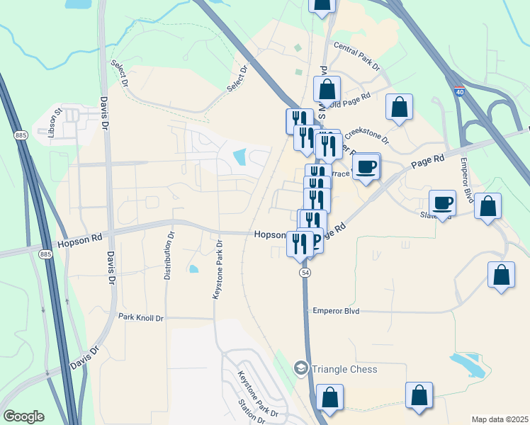 map of restaurants, bars, coffee shops, grocery stores, and more near 4803 Hopson Road in Morrisville