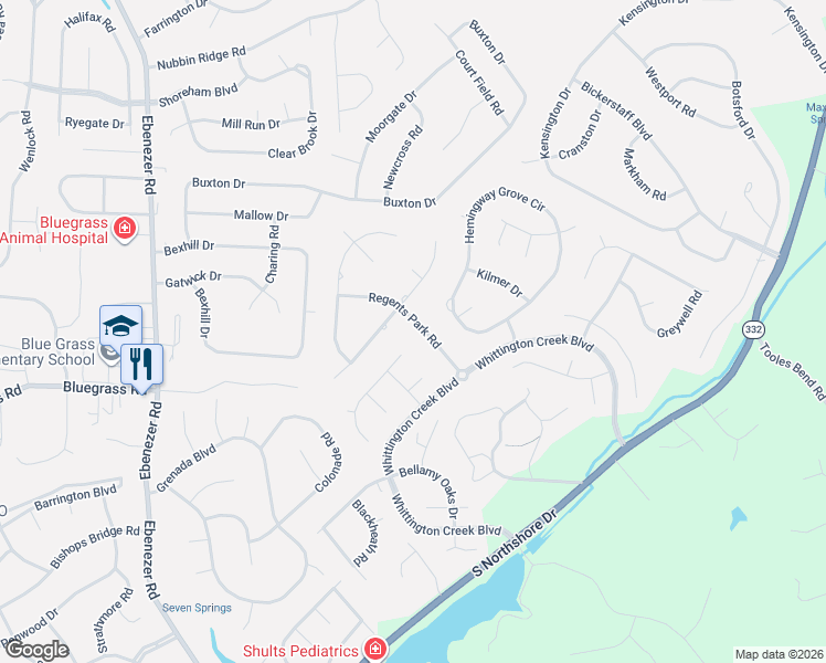map of restaurants, bars, coffee shops, grocery stores, and more near 1812 Regents Park Road in Knoxville