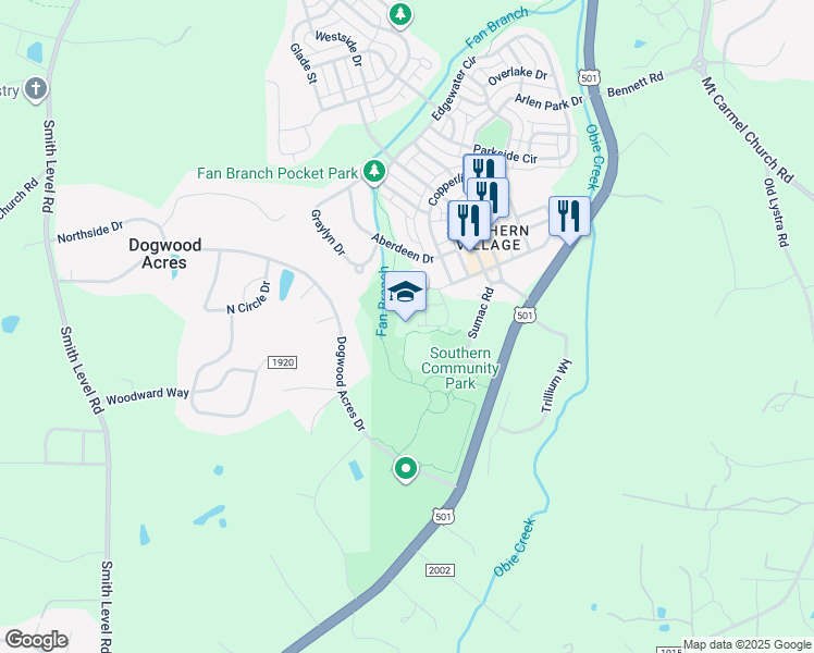 map of restaurants, bars, coffee shops, grocery stores, and more near 501 Kildaire Road in Chapel Hill