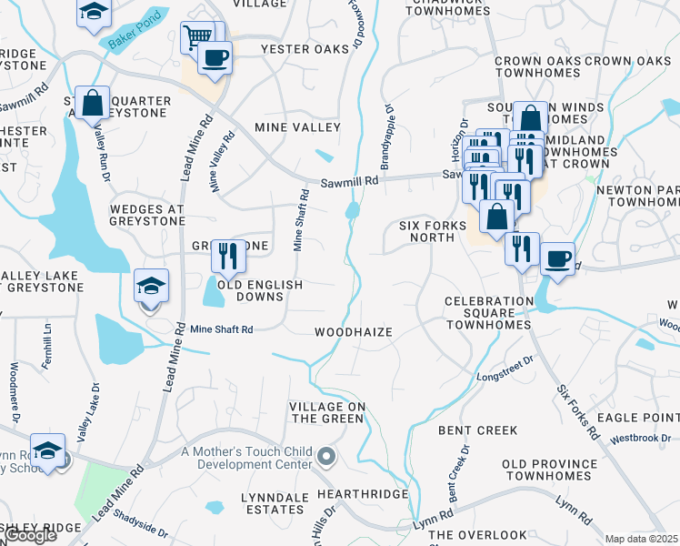 map of restaurants, bars, coffee shops, grocery stores, and more near 1104 Old English Court in Raleigh