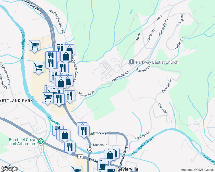 map of restaurants, bars, coffee shops, grocery stores, and more near 229 Allensville Road in Sevierville