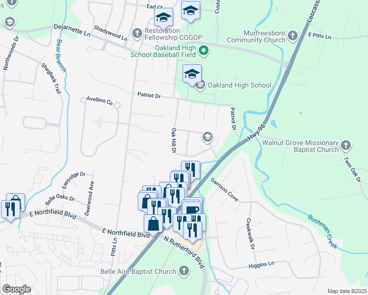 map of restaurants, bars, coffee shops, grocery stores, and more near 2515 Claymore Run in Murfreesboro