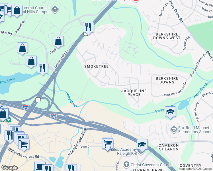 map of restaurants, bars, coffee shops, grocery stores, and more near 4644 Jacqueline Lane in Raleigh