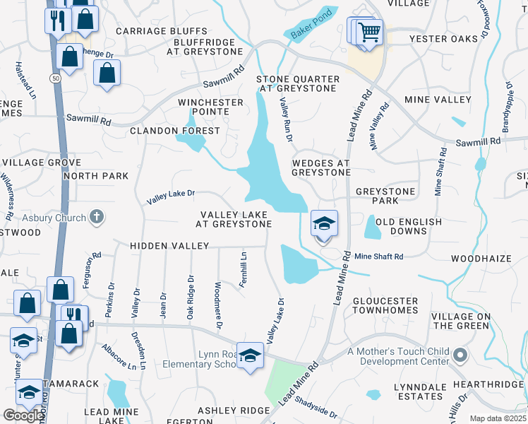 map of restaurants, bars, coffee shops, grocery stores, and more near 7024 Valley Lake Drive in Raleigh