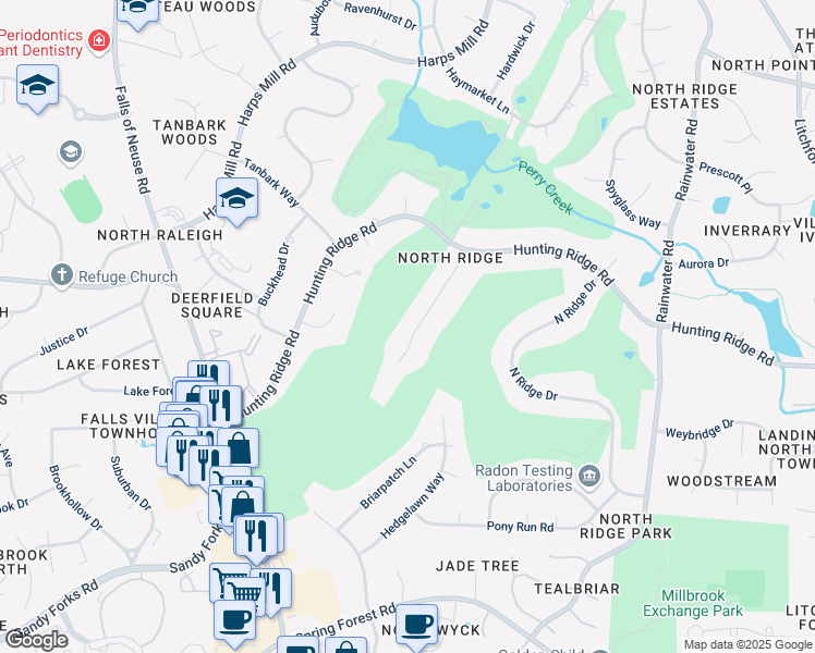map of restaurants, bars, coffee shops, grocery stores, and more near 6713 Foxfire Place in Raleigh