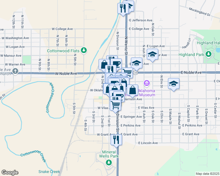 map of restaurants, bars, coffee shops, grocery stores, and more near 124 West Oklahoma Avenue in Guthrie