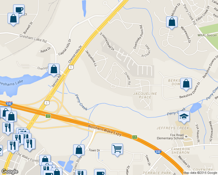 map of restaurants, bars, coffee shops, grocery stores, and more near 4608 Jacqueline Lane in Raleigh