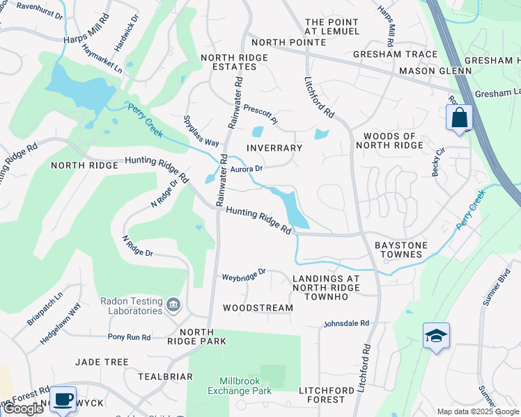 map of restaurants, bars, coffee shops, grocery stores, and more near 7105 Grandview Court in Raleigh