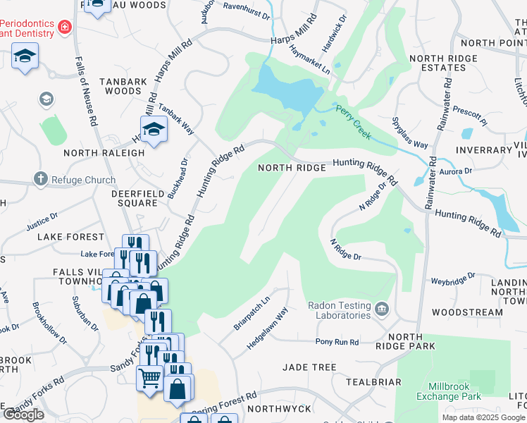 map of restaurants, bars, coffee shops, grocery stores, and more near 6713 Foxfire Place in Raleigh