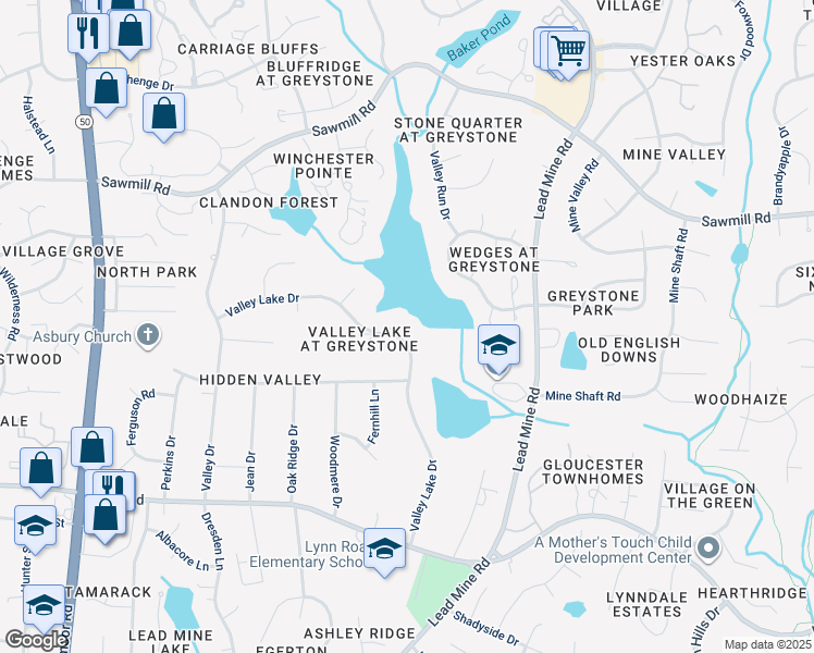map of restaurants, bars, coffee shops, grocery stores, and more near 7024 Valley Lake Drive in Raleigh