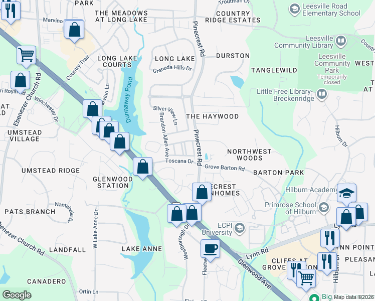 map of restaurants, bars, coffee shops, grocery stores, and more near 7240 Galon Glen Road in Raleigh