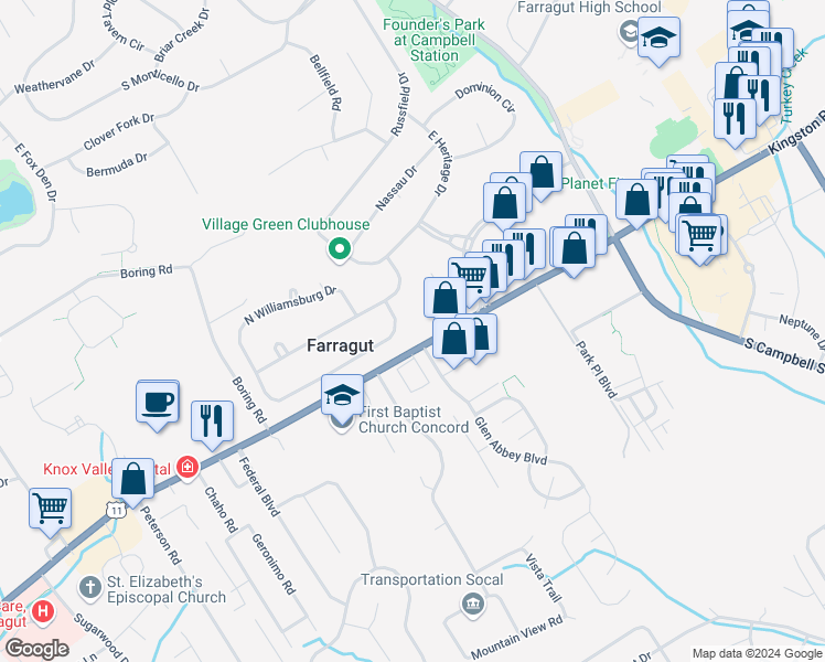 map of restaurants, bars, coffee shops, grocery stores, and more near 11553 Kingston Pike in Knoxville