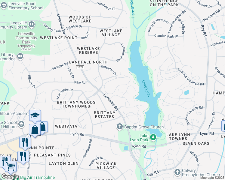 map of restaurants, bars, coffee shops, grocery stores, and more near 4105 Lake Lynn Drive in Raleigh